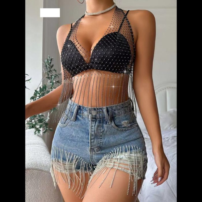 Top με Μακριά Κρόσσια και Στρας - Μαύρο - Image 2