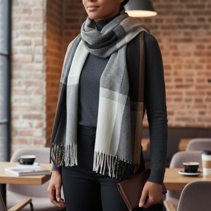 Γυναικεία Πασμίνα Μακριά Fiona Καρό - Γκρι με Μαύρο - Image 3