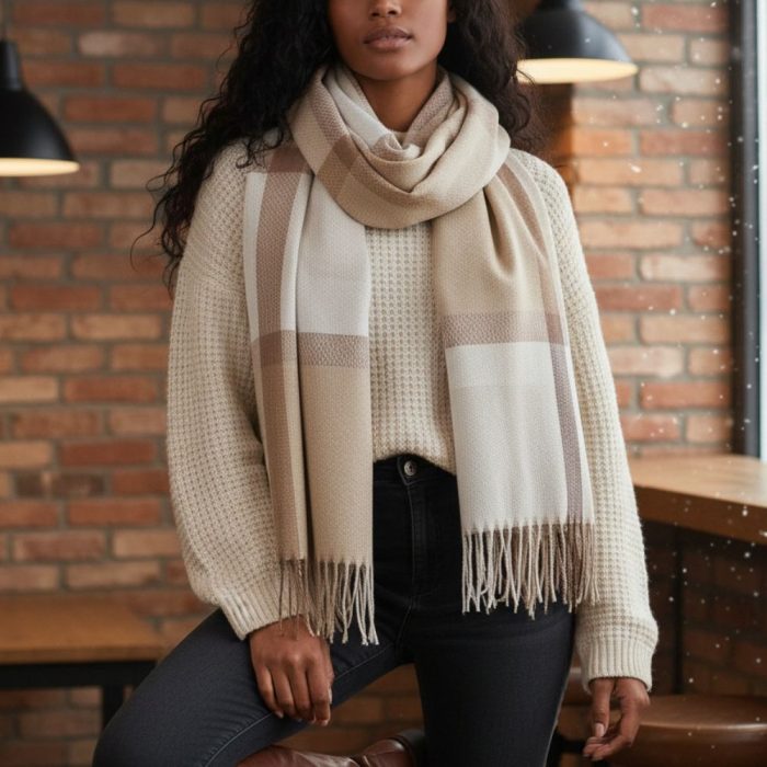 Γυναικεία Πασμίνα Μακριά Fiona Καρό - Μπεζ - Image 2