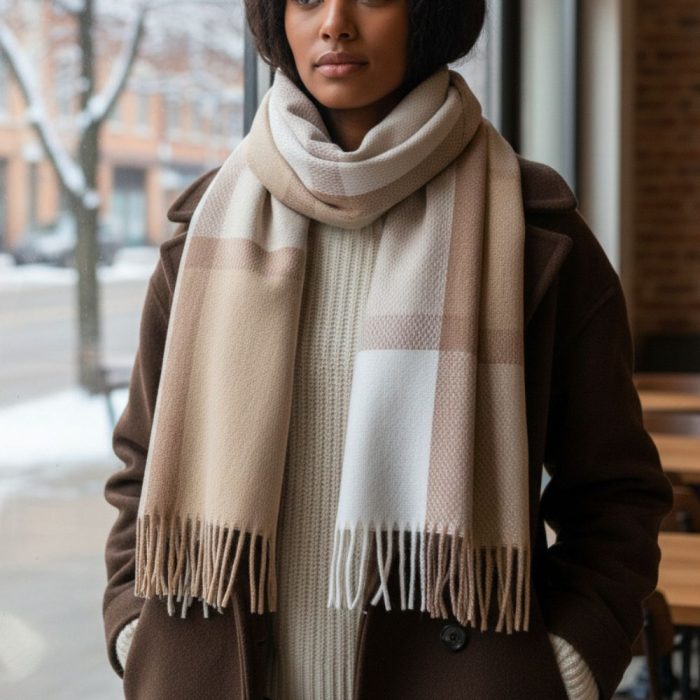 Γυναικεία Πασμίνα Μακριά Fiona Καρό - Μπεζ - Image 3