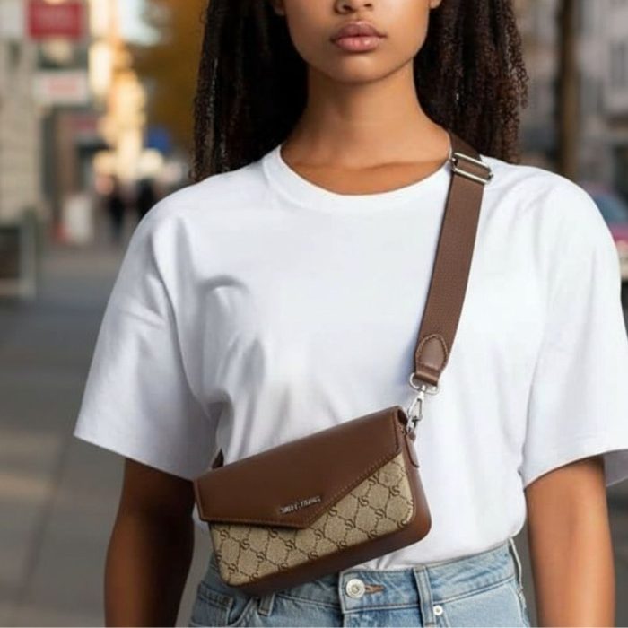 Τσάντα Πορτοφόλι Χιαστί με Χοντρό Λουρί - Καφέ Ανοιχτό - Image 3