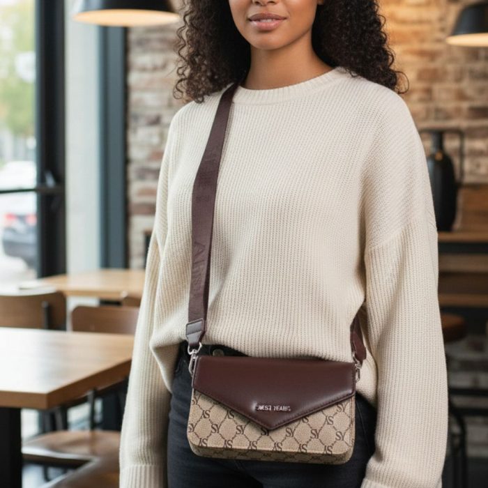 Τσάντα Πορτοφόλι Χιαστί με Χοντρό Λουρί - Καφέ - Image 2