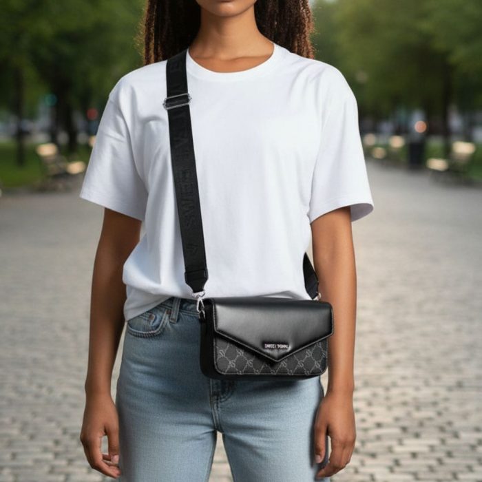 Τσάντα Πορτοφόλι Χιαστί με Χοντρό Λουρί - Total Black - Image 2