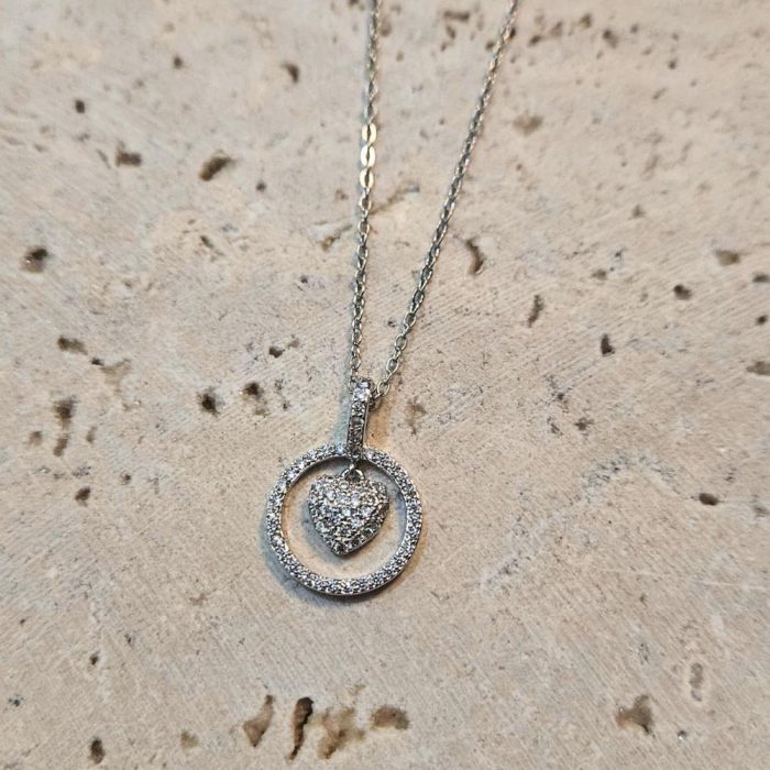 Κολιέ Heart in Circle με Στρας - Ασημί - Image 2