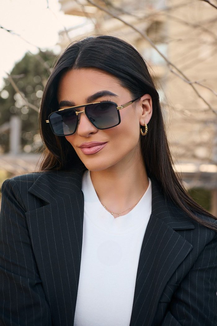 Γυαλιά Ηλίου Μεταλλικά με Χρυσό-Μαύρο Σκελετό & Μπλε Σκούρο Φακό - Image 3